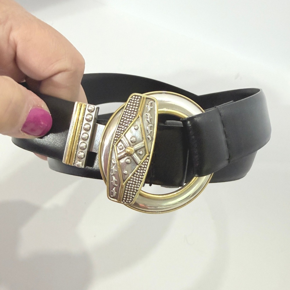 Chicos Black Genuine Leather Belt Mixed Metal Gold Silver Buckle Adjustable S/M